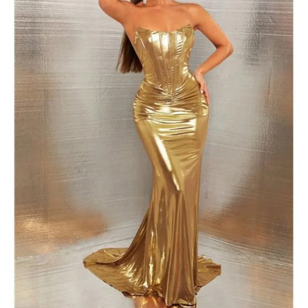 NEW -‎ Elegant Gold Corset Detail Ultra Long Dress - Picture 5 of 9
